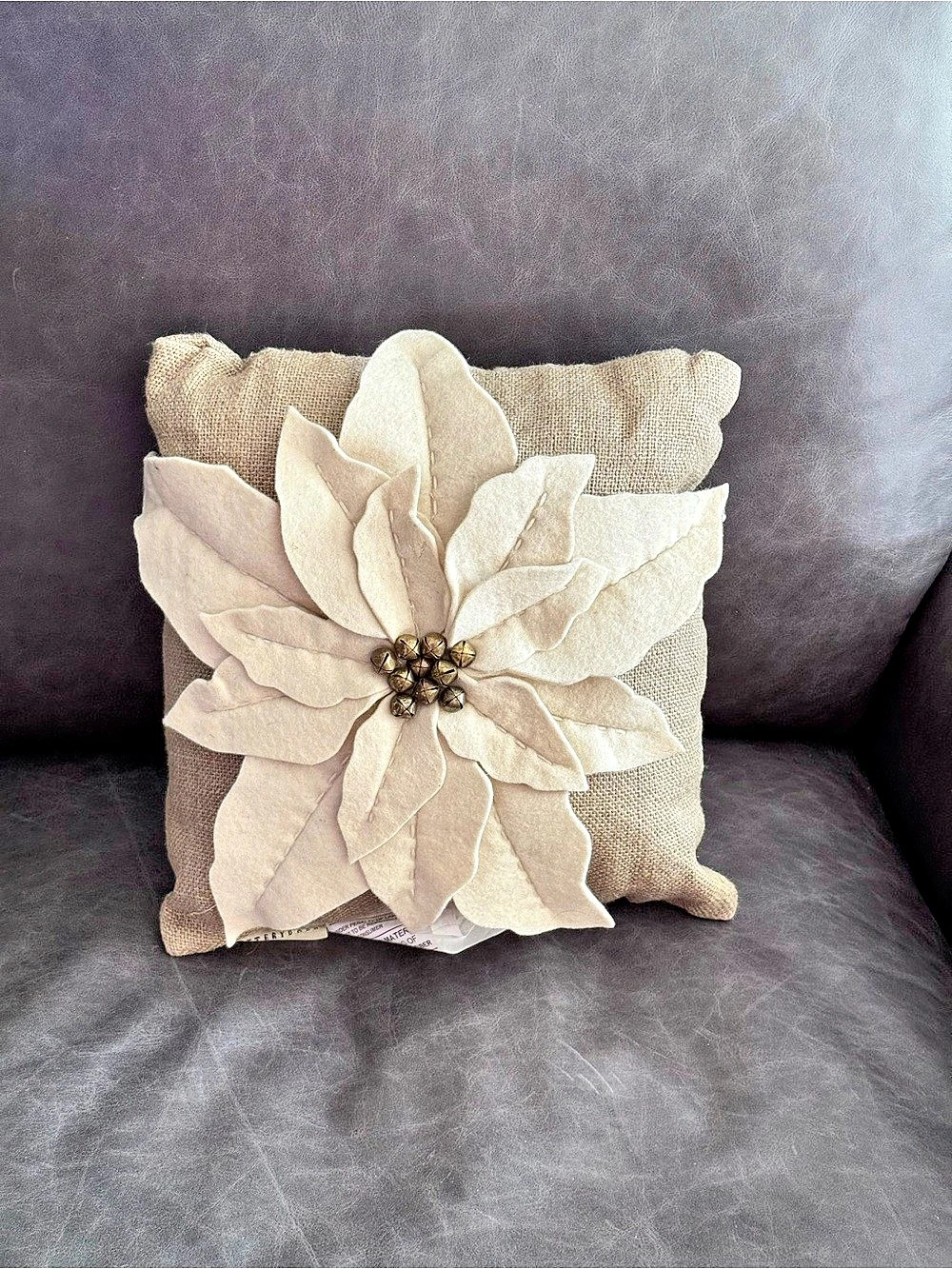 POTTERY BARN Poinsettia Jingle Bell Pillow Beige & White